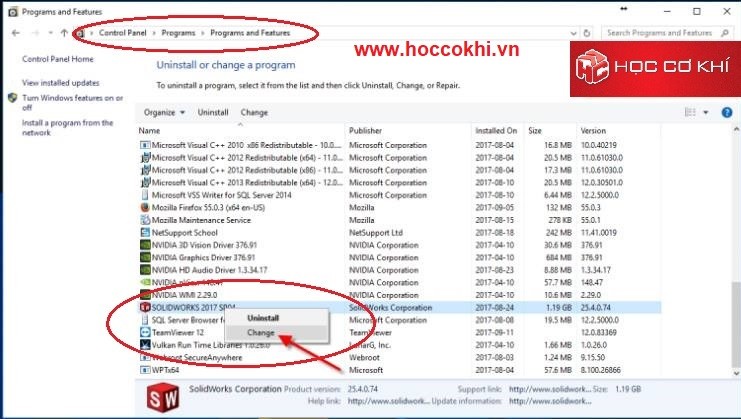Sửa chữa lại chương tr&igrave;nh c&agrave;i đặt (Repair Solidworks)